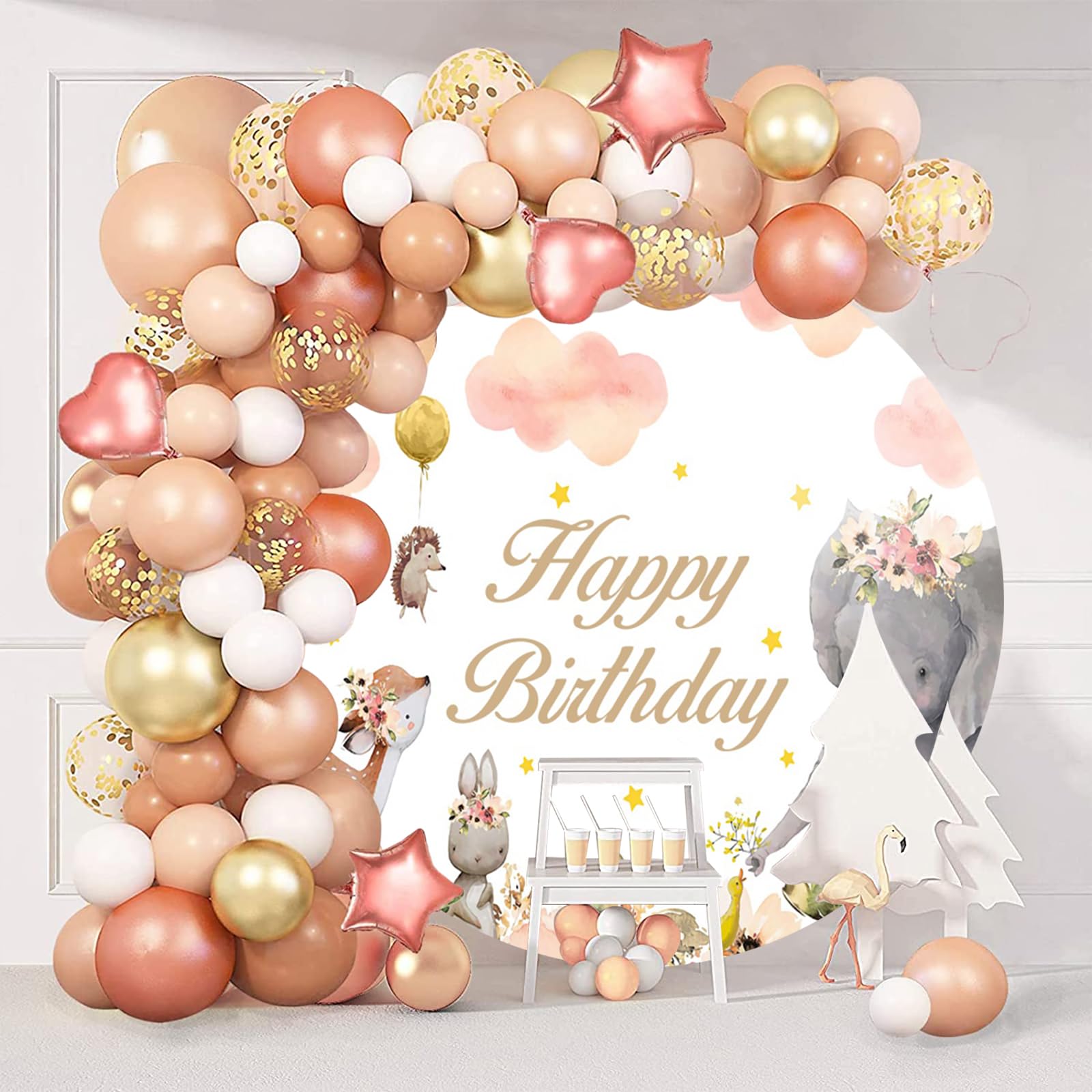 Ttinccer Felice Compleanno Sfondo 220cm Bambino Doccia Cartone Animato Elefante Coniglio Fotografia Sfondo Rosa Nuvola Fiore Oro Stella Ragazza Compleanno Rotondo Copertura di Sfondo