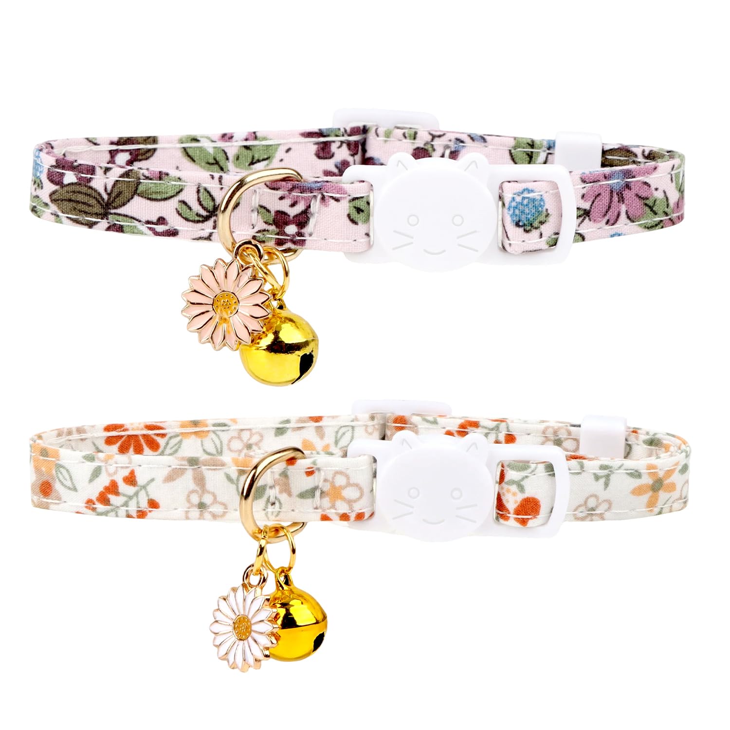 MOTIBACK 2Pcs Cat Collars with Bells, Daisy Kitten Collar, Quick Release Cat Collar with Bell for Kitten Cat (Purple, White)