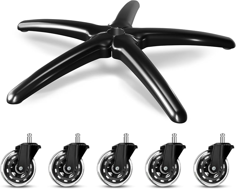 28" Heavy-Duty Office Chair Base Replacement with Wheels (Set of 5), Metal Base with Casters, Total Height: 7.5" (18.9 cm), Compatible with 2" Gas Cylinder