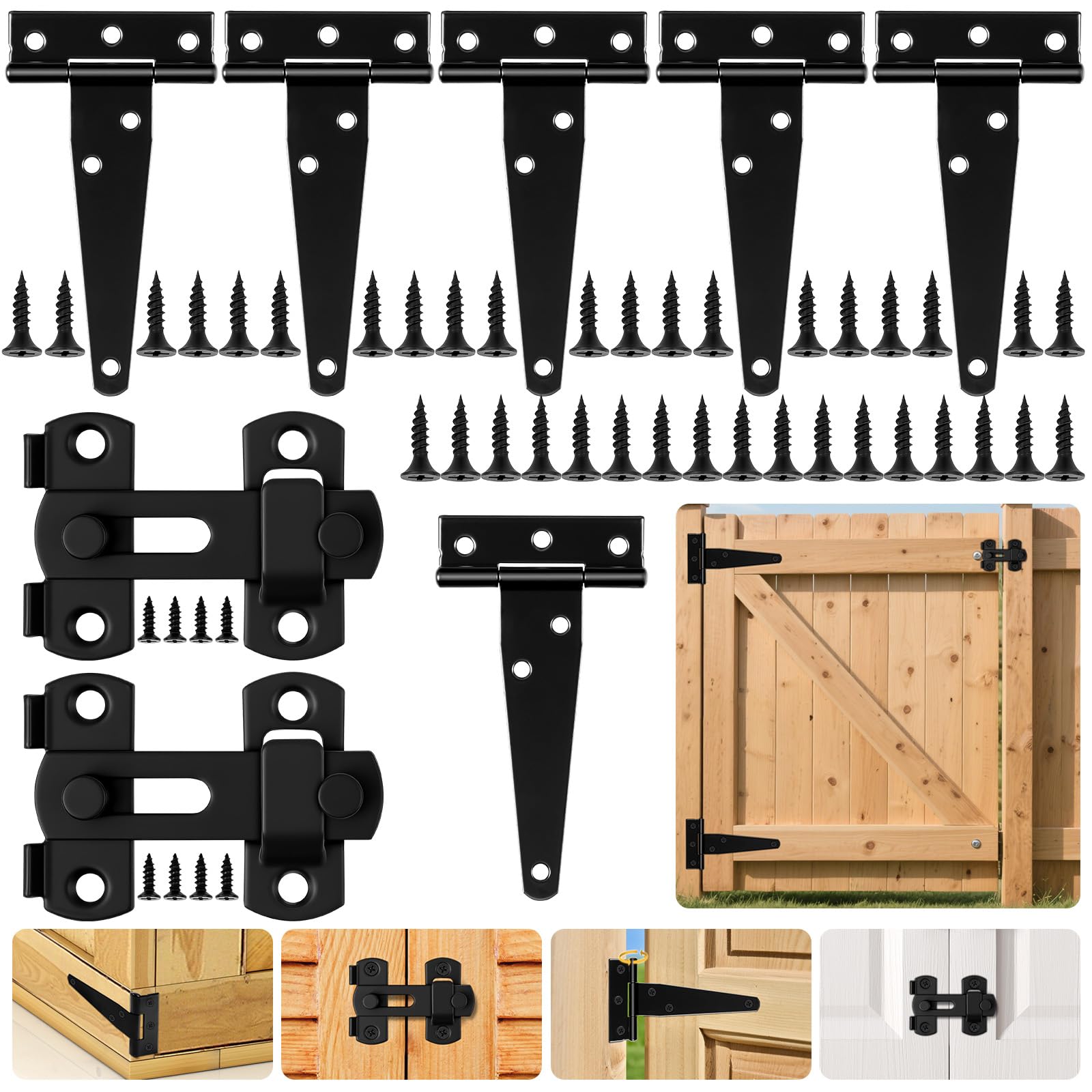 HOTUT T-Scharniere Schwerlast, 6 Stück 100mm Scharniere Klappbar T-Förmige und 2 Türriegel mit 42 Schrauben, Dreieck Türscharniere Verzinkt für Schuppentüren, Gartentüren, Fenster - 4”