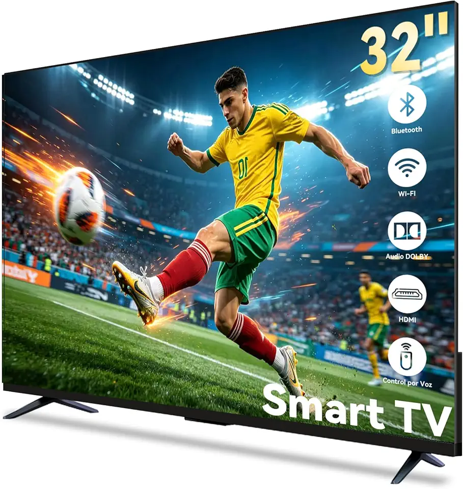 Smart TV de 32 Polegadas, Wi-Fi 6 Banda Dupla 2.4G/5G + Bluetooth, Assistente de Voz, Tela ADS HD 1366x768, 2×HDMI 2.0 + 2×Portas USB, Aplicativos Populares do Mercado Mexicano Inclusos