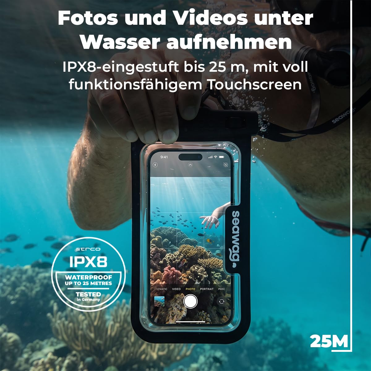 SEAWAG Solo Traveler Kit - wasserdichte Handyhülle Bundle (IPX8 bis zu 25 m) mit schwimmendem Griff, Armschlaufe & Fahrradhalterung - Universal Dry Bag für iPhone & Android - Strand-, Reise