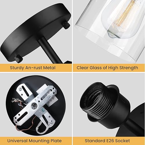 Miniatura 5 de Sheetea - Paquete de 3 luces de techo semiempotradas, modernas lámparas de techo con pantallas de vidrio transparente, iluminación industrial negra