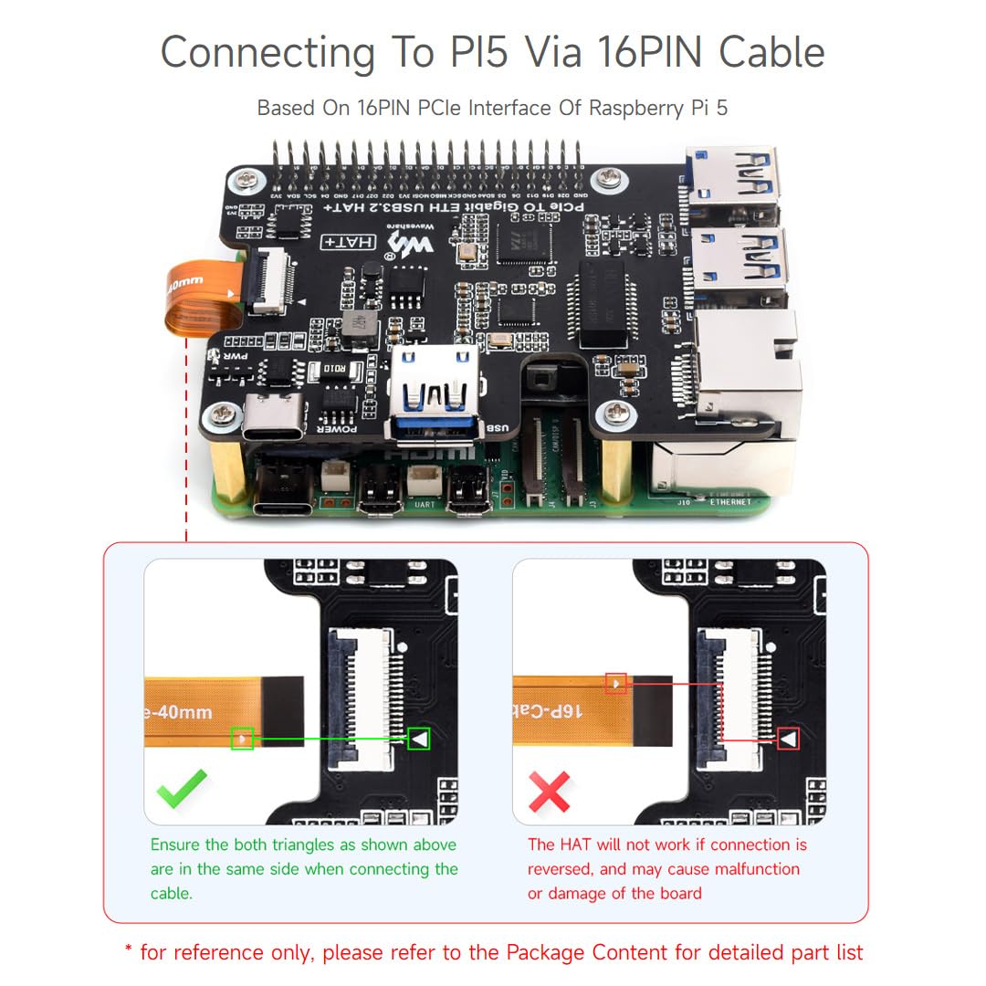 Waveshare PCIe to Gigabit Ethernet and USB 3.2 Gen1 HAT, Compatible with Raspberry Pi 5, 3X USB 3.2 Gen1, 1x Gigabit Ethernet, Driver-Free, Plug and Play