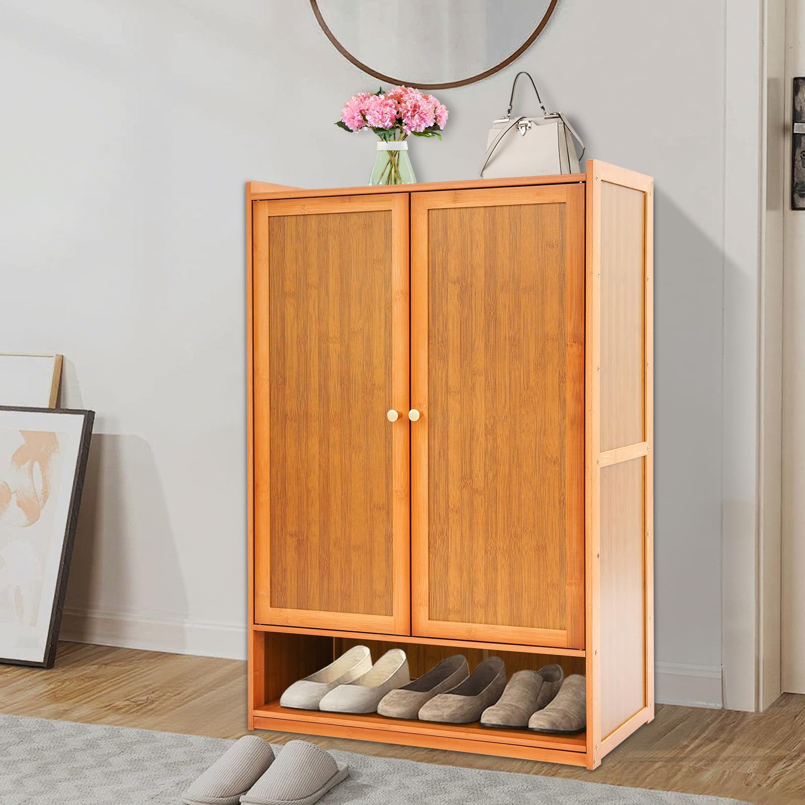 Scarpiera con 2 ante, 6 ripiani, in bambù, scarpiera salvaspazio, per corridoio, ingresso, camera da letto, 60 x 32 x 94 cm, 14-21 paia di scarpe, marrone, design retrò