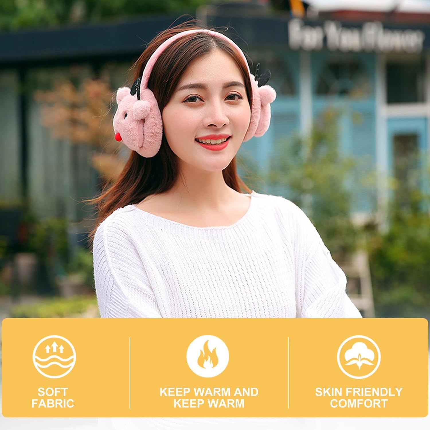 PATKAW Plush Pink Reindeer Antlers Earmuffs Women’s Winter Ear Warmers Soft Stretchable Outdoor Ear Covers for Cold Weather