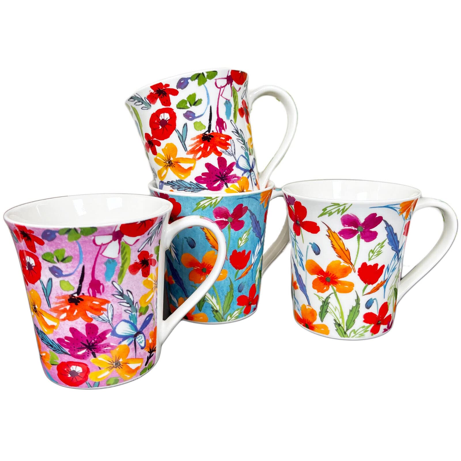Darthome Full Floral Bloom Mugs Set of 4 Bone China Colourful Flowers 380ml Coffee Cups