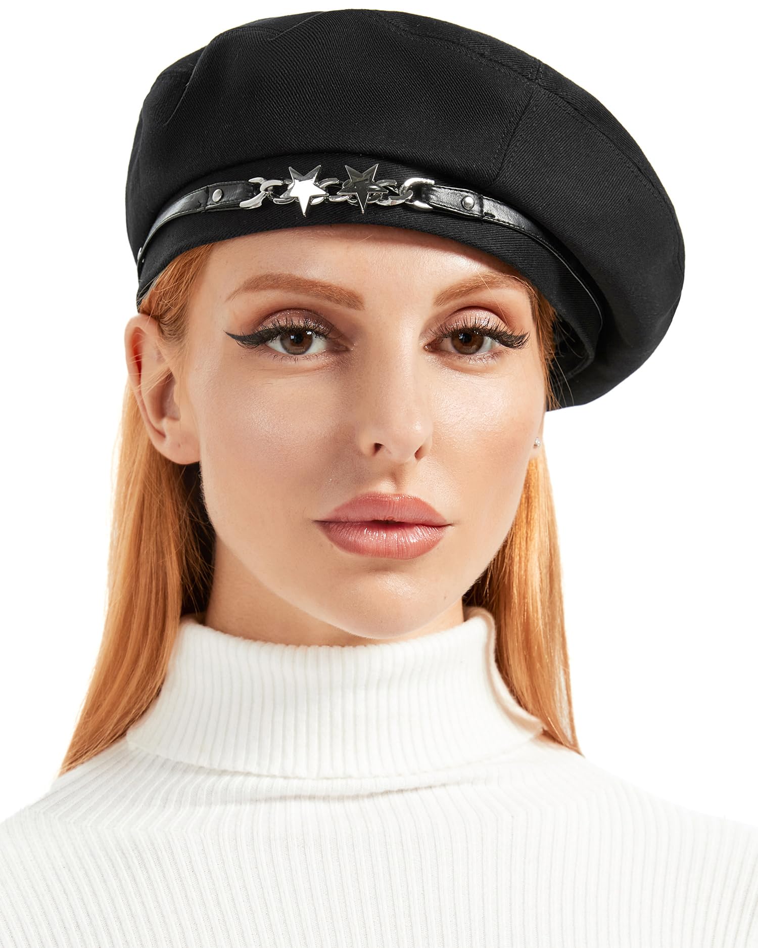 S.romza Women's Black French Beret Hat For Cotton Star Metal Stylish Artist Painter Berets Cap,Adjustable 56-58Cm, M
