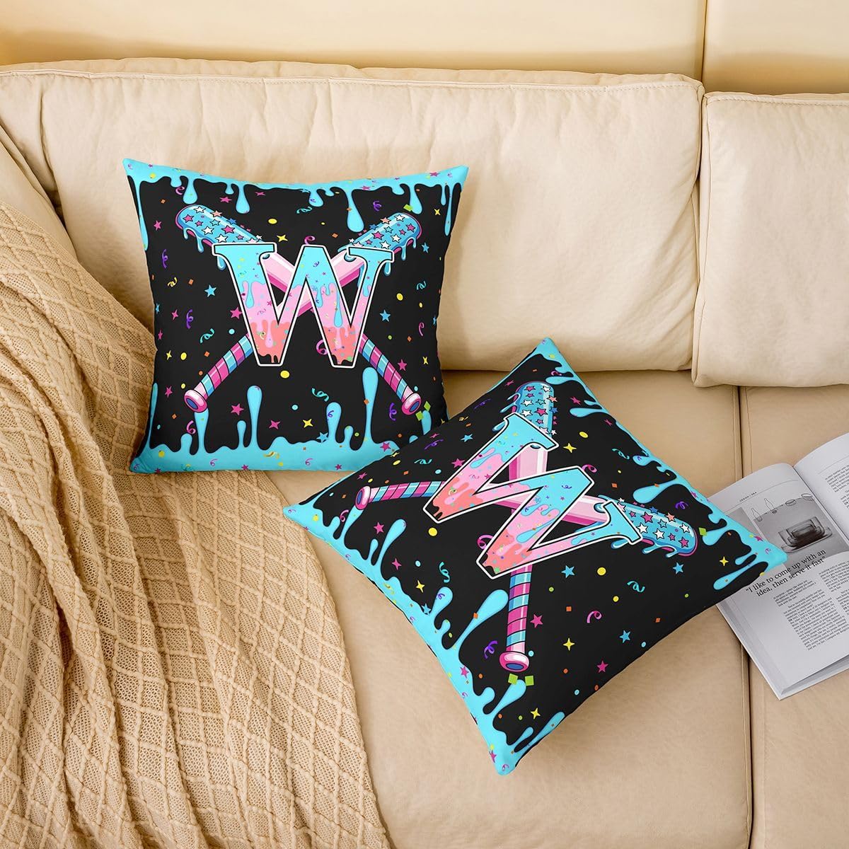jejeloiu 22 x 22-Inch Set of 2 Baseball Decor Pillowcase Boys Girls Baseball Gaming Throw Pillow Covers for Kids Ultra Personalized Initial Letter W Cushion Case Sports Theme Room Decor Microfiber image 3