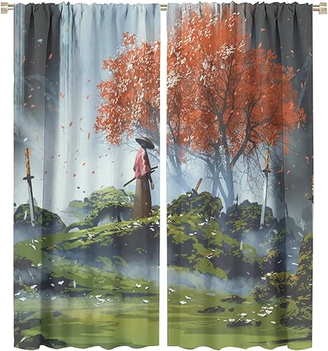 MYS QiQi Cortinas japonesas de anime con pintura de tinta, Samurái, decoración de habitación, cortinas de ventana rojas, negras y blancas, cortinas