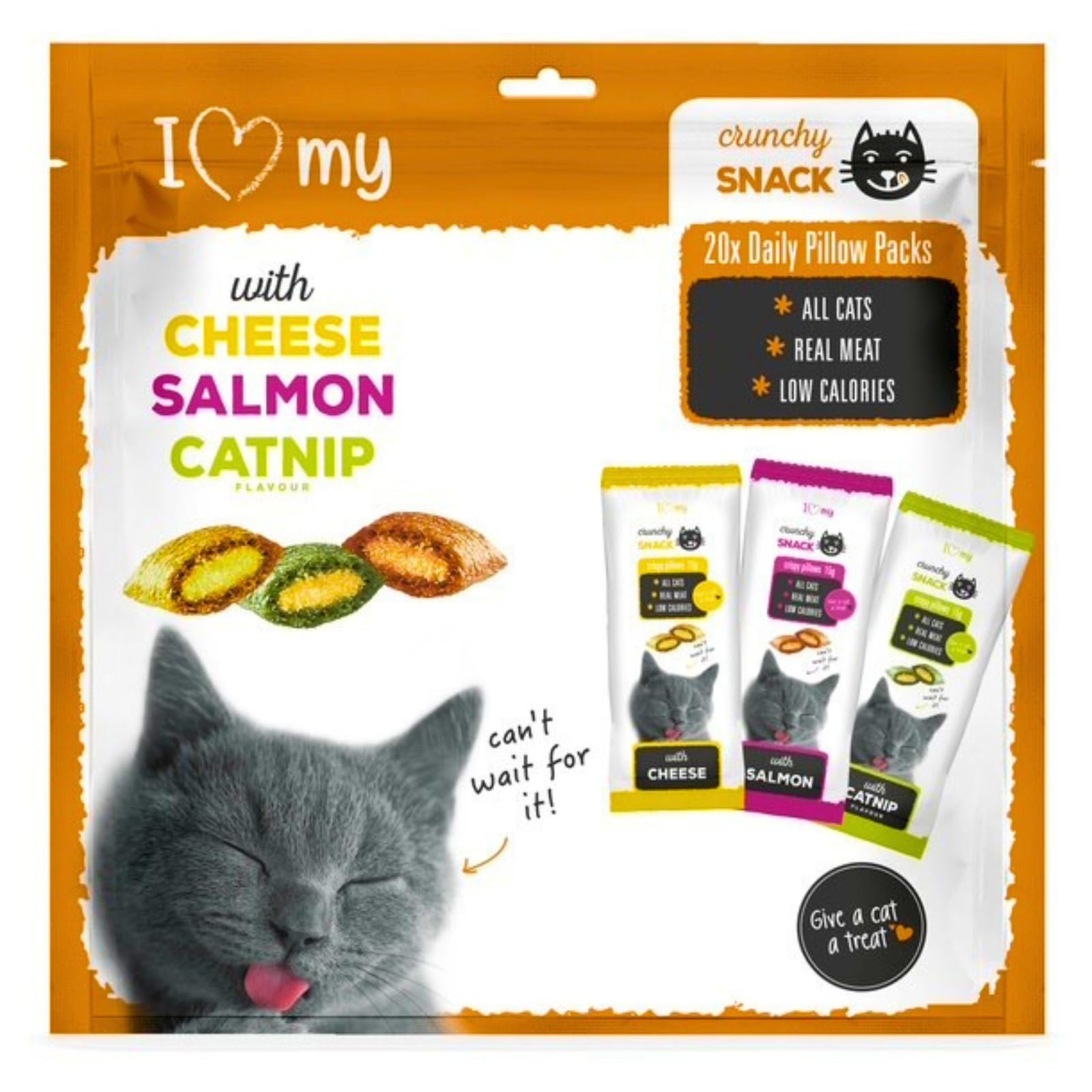 Cat Cushion Treats (20 Packs) Mixed Variety Cat Treats Real Meat Catnip, Chicken and Salmon Flavour Pillows Individually Wrapped Crunchy Biscuits Mega Pack of Snacks for Indoor and Outdoor Cats