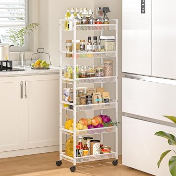 6 Tier Slim Rolling Storage Cart, Narrow Mobile Shelving Unit Organizer Utility Cart with Wheels, Metal Wire Storage Rack with Baskets for Kitchen, Bathroom, Laundry & Living Room, 10inW White