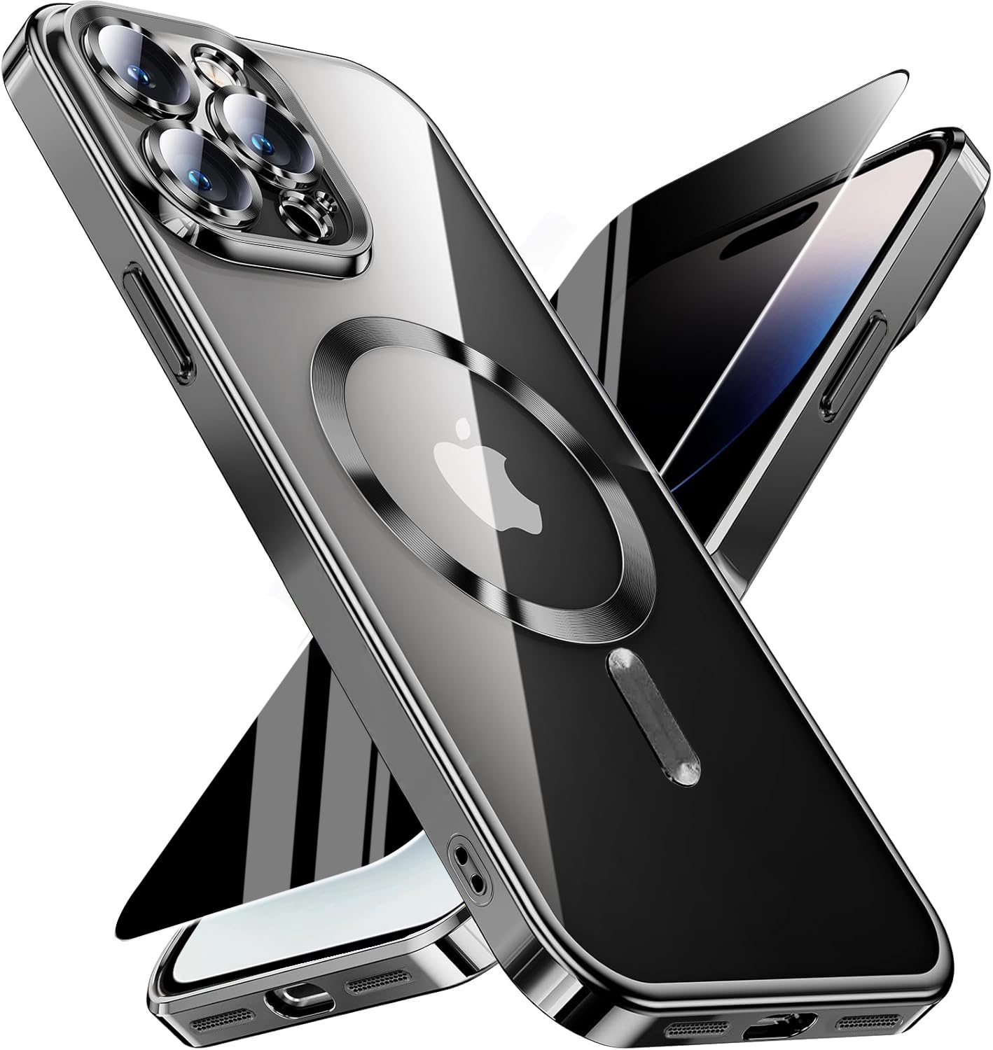 Magnetic for iPhone 14 Pro Max Case with Privacy Screen Protector &amp; Full Camera Cover,[Non-Yellowing] Plating Glossy Soft Shockproof Clear Phone Case with MagSafe Women Girls for 14 ProMax,Black