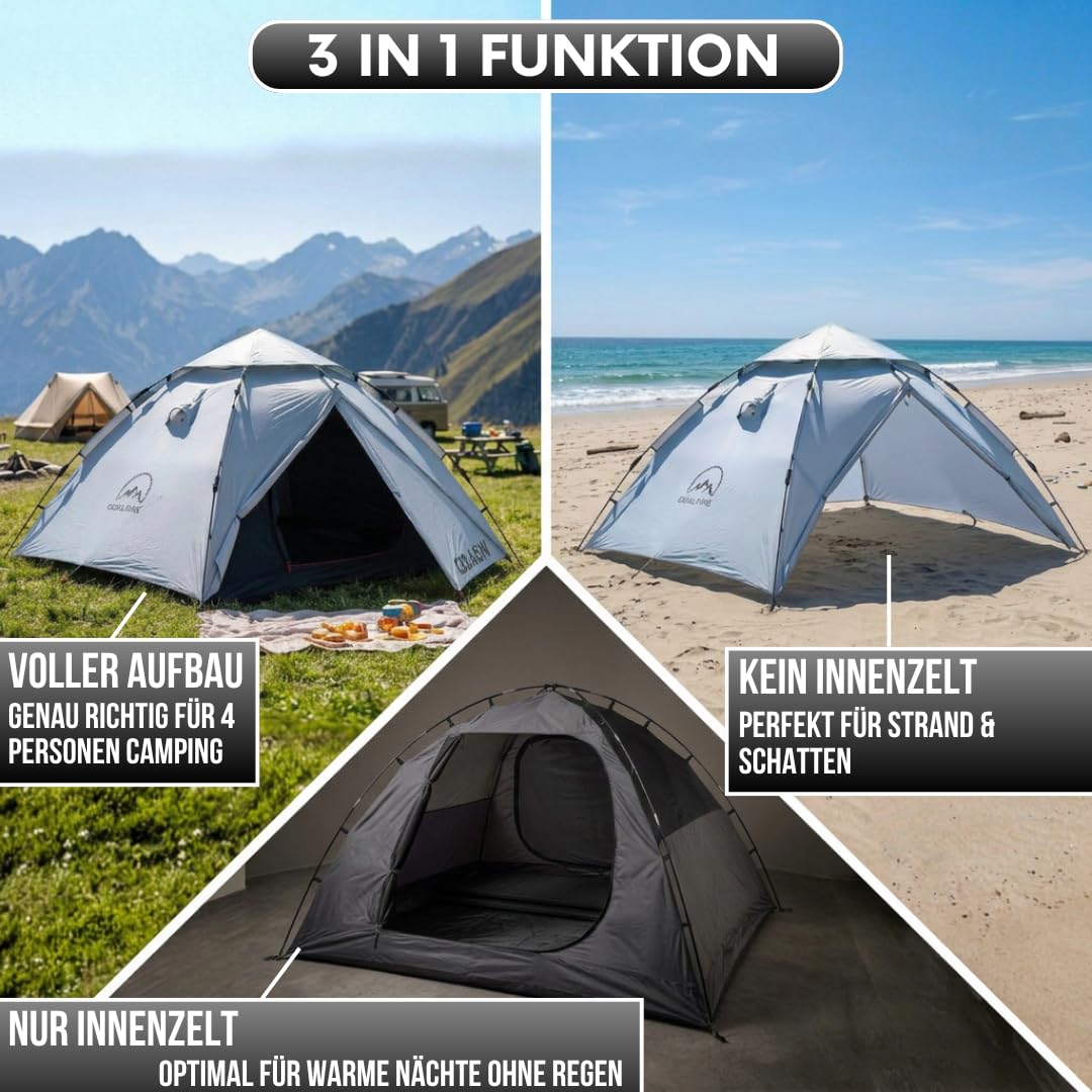 GOALPINE® Atlas IV Wurfzelt Pop-up Zelt für 2-4 große Personen, 100% Wasserdicht, in 40 Sekunden aufgetellt, 3 in 1 für Camping, Festival & Strand, Innen Leicht Verdunkelt