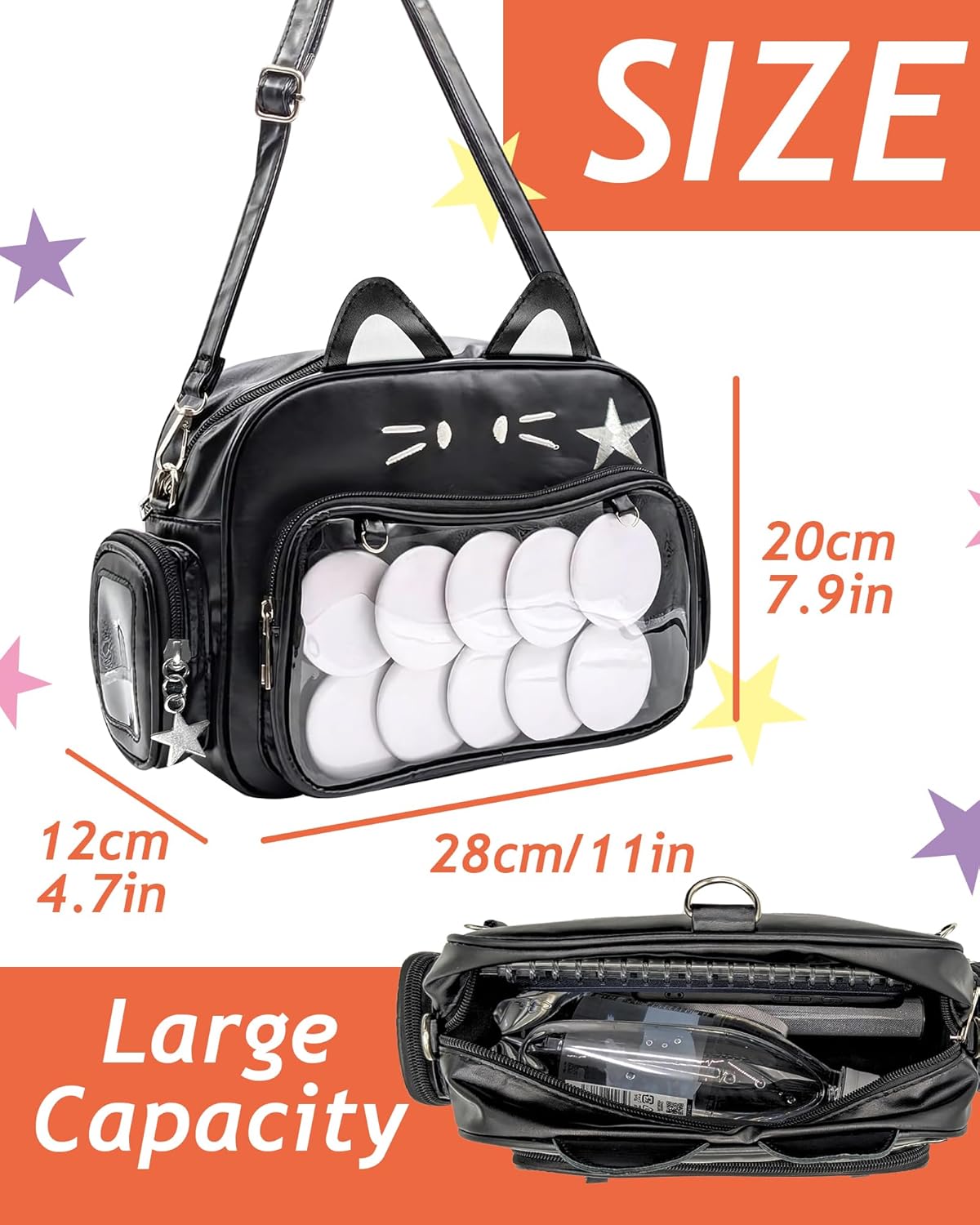 Cute Cat Ita Bag Pin Display Backpack,Shoulder Crossbody,Multi-Purpose, Kawaii Purse with Insert,PU Leather, for Kpop Fan Anime (Pins NOT Included) (Black) - Image 4