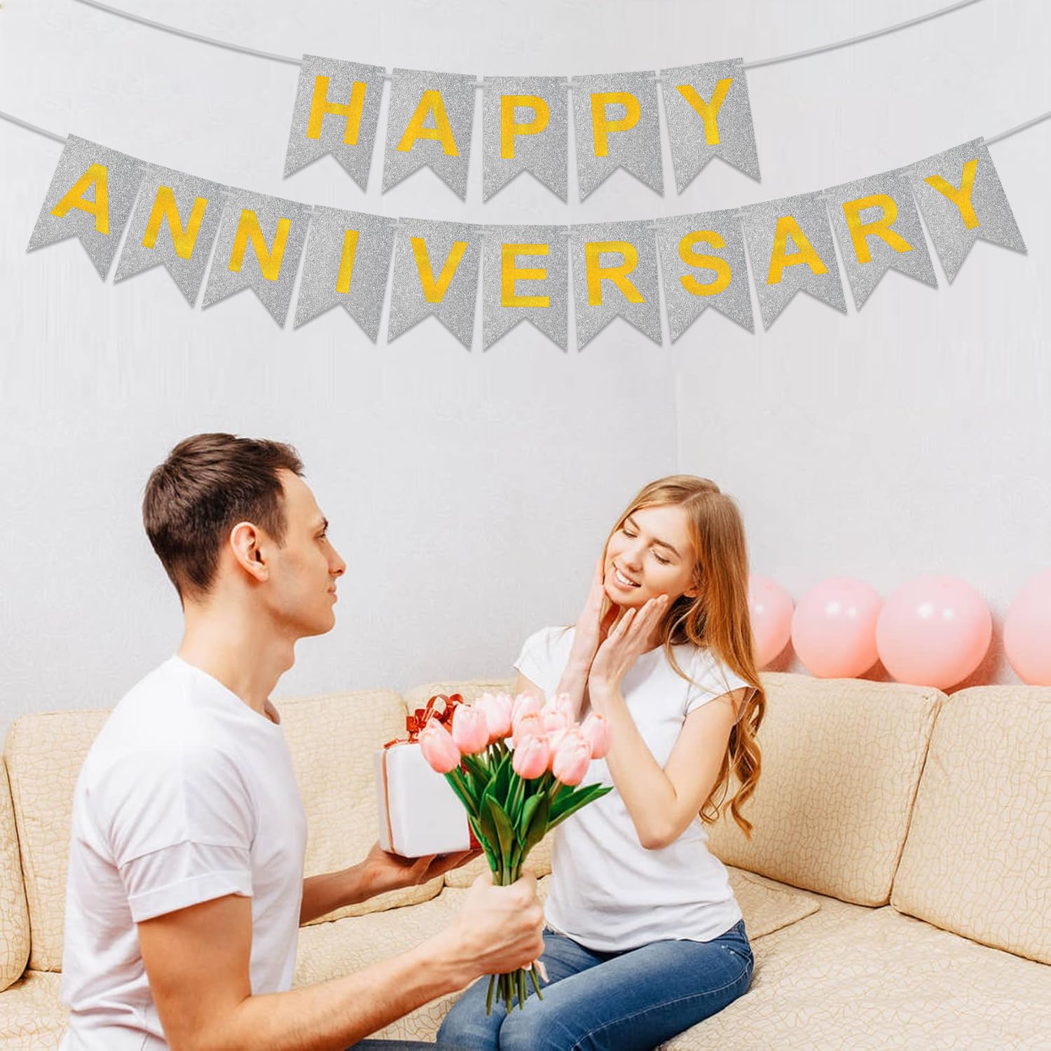 Rozi Decoration Happy Anniversary Glitter Banner | 1st 10th 25th & 50th Wedding Anniversary Decoration Items | Glitter- Silver (Pack of 1) 2