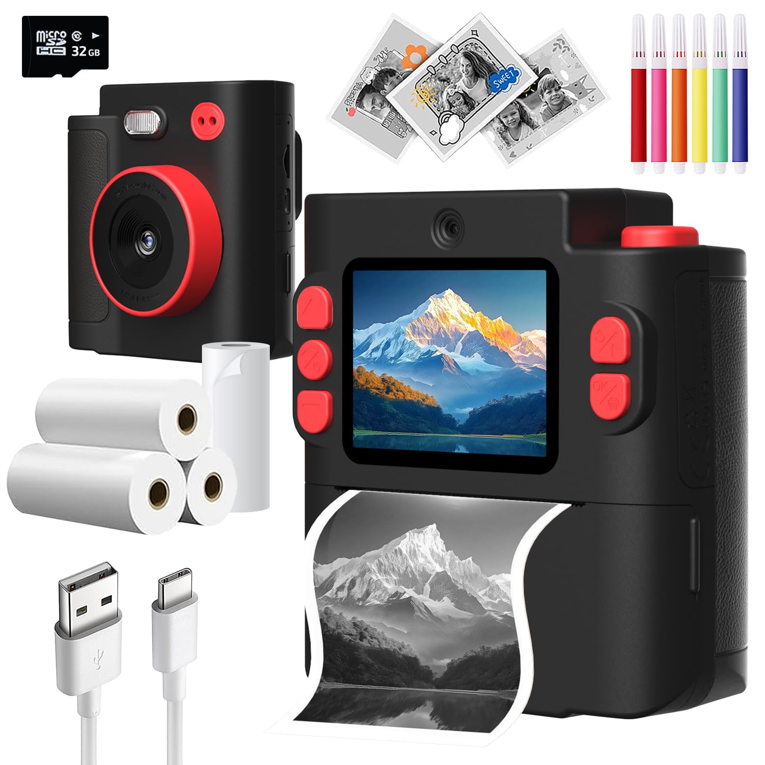 Wembley Kids Instant Print Camera with Dual Lens, 48MP, 1080P HD, 2.4" IPS Screen, 16X Zoom, 32GB SD Card, Thermal Printing, 6 Pens, 4 Rolls, USB Type-C, for Girls & Boys- Black