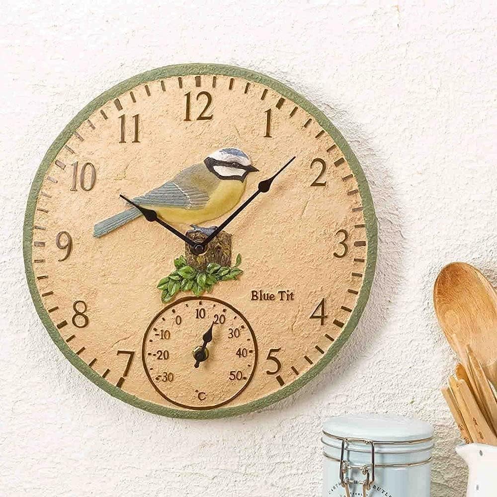 Outdoor Wall Clocks for The Garden with Birdswall Clock and Thermometer