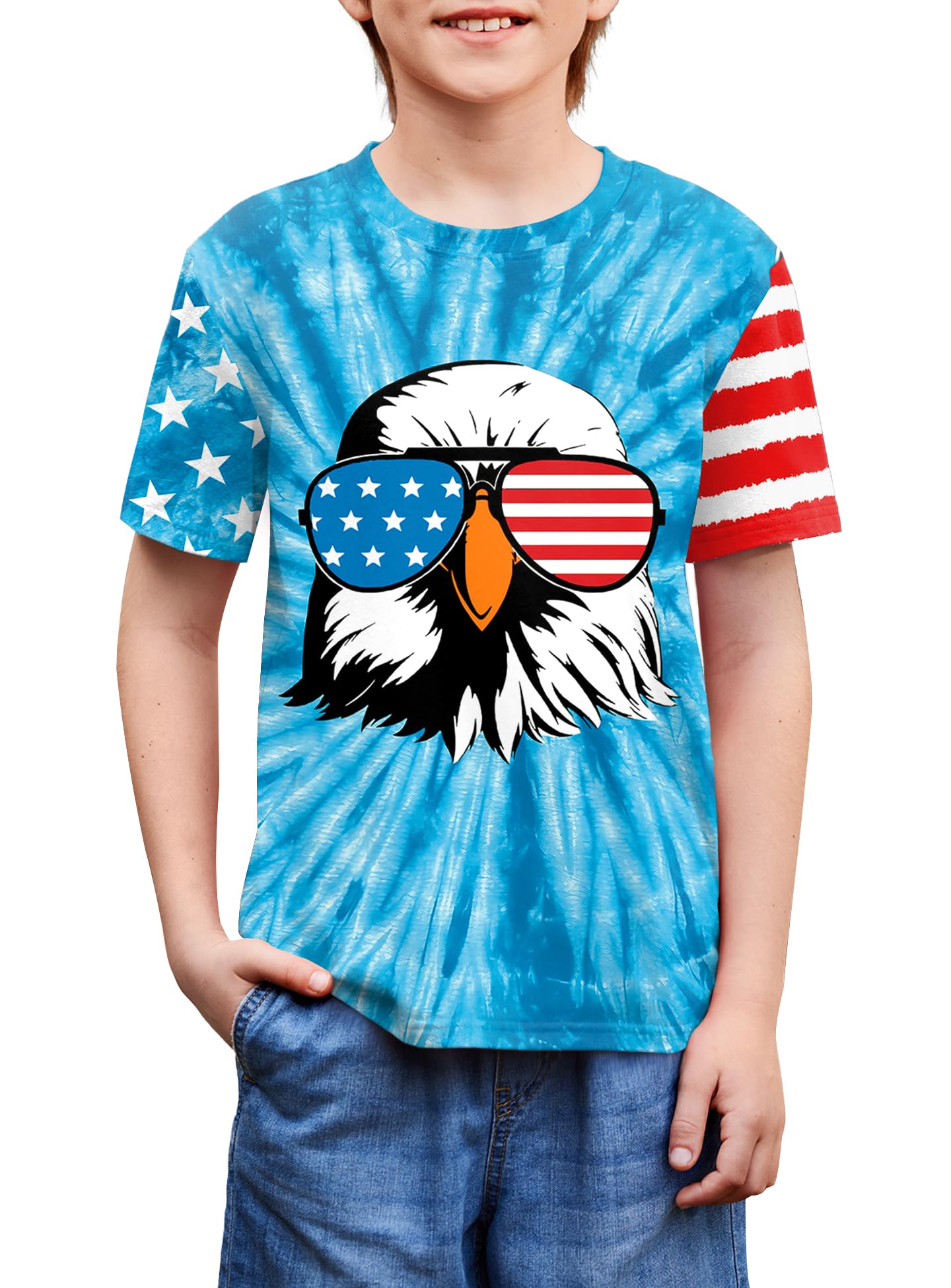 BesserBay Unisex Kids 4th of July American Flag Tee Tie Dye Patriotic Short Sleeve Shirt 6-14 Years