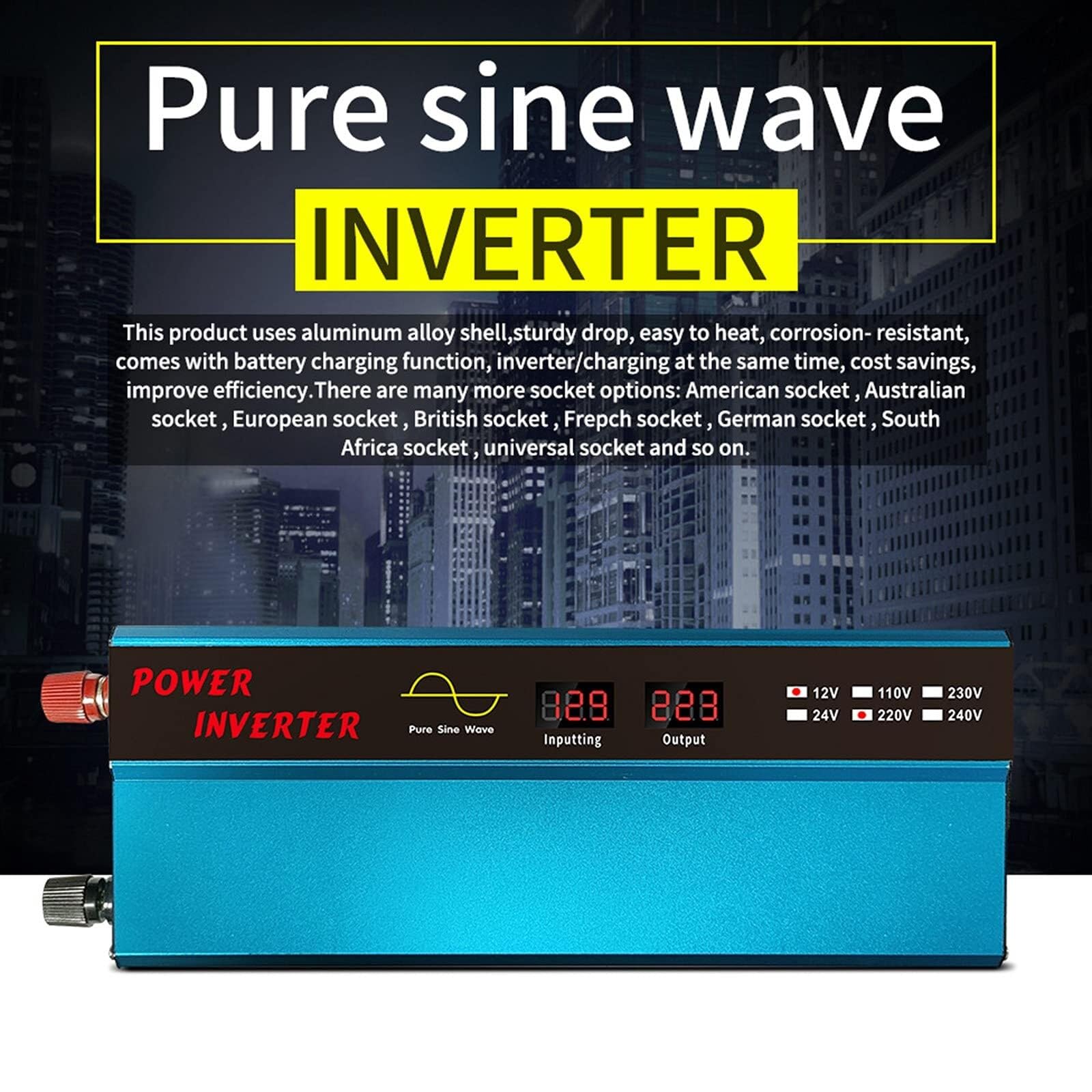 1000 W 12 V/24 V DC na 110 V/220 V AC z uniwersalną wtyczką, wyświetlaczem LCD i adapterem do zapalniczki papierosów (24VTO110V)