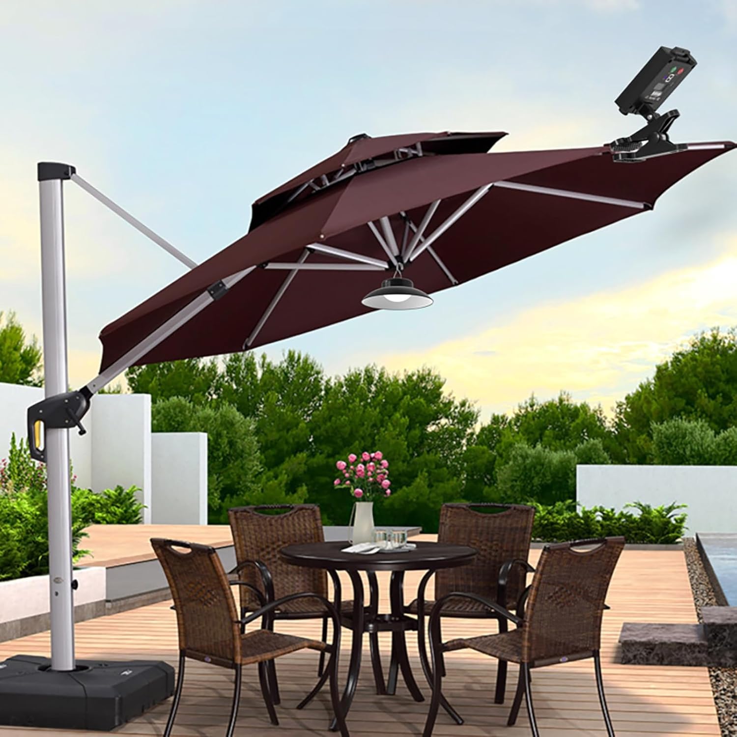 Solar Umbrella Lights Outdoor,Adjustable Three-Color Lights,for Beach Tent Camping Garden Party Decoration(Without Umbrella) Black