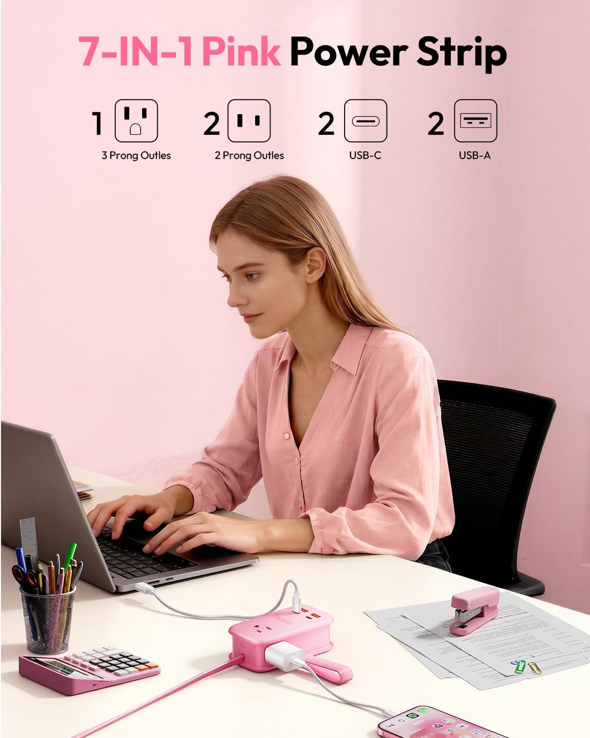 NTONPOWER GAN Ultra 65W Pink Fast Charging Station, Travel Power Strip with 3 Outlets 4 USB (2 USB C), Pink Extension Cord 4Ft, Kawaii Cute Accessories Compatible with MacBook, iPhone