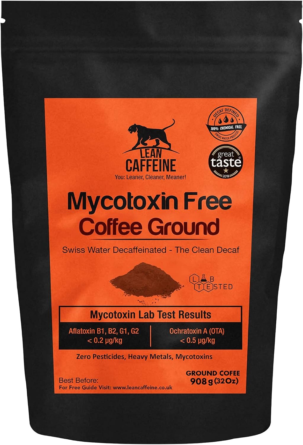 Lean Caffeine Bulletproof Decaf Ground Coffee 908g Super Clean