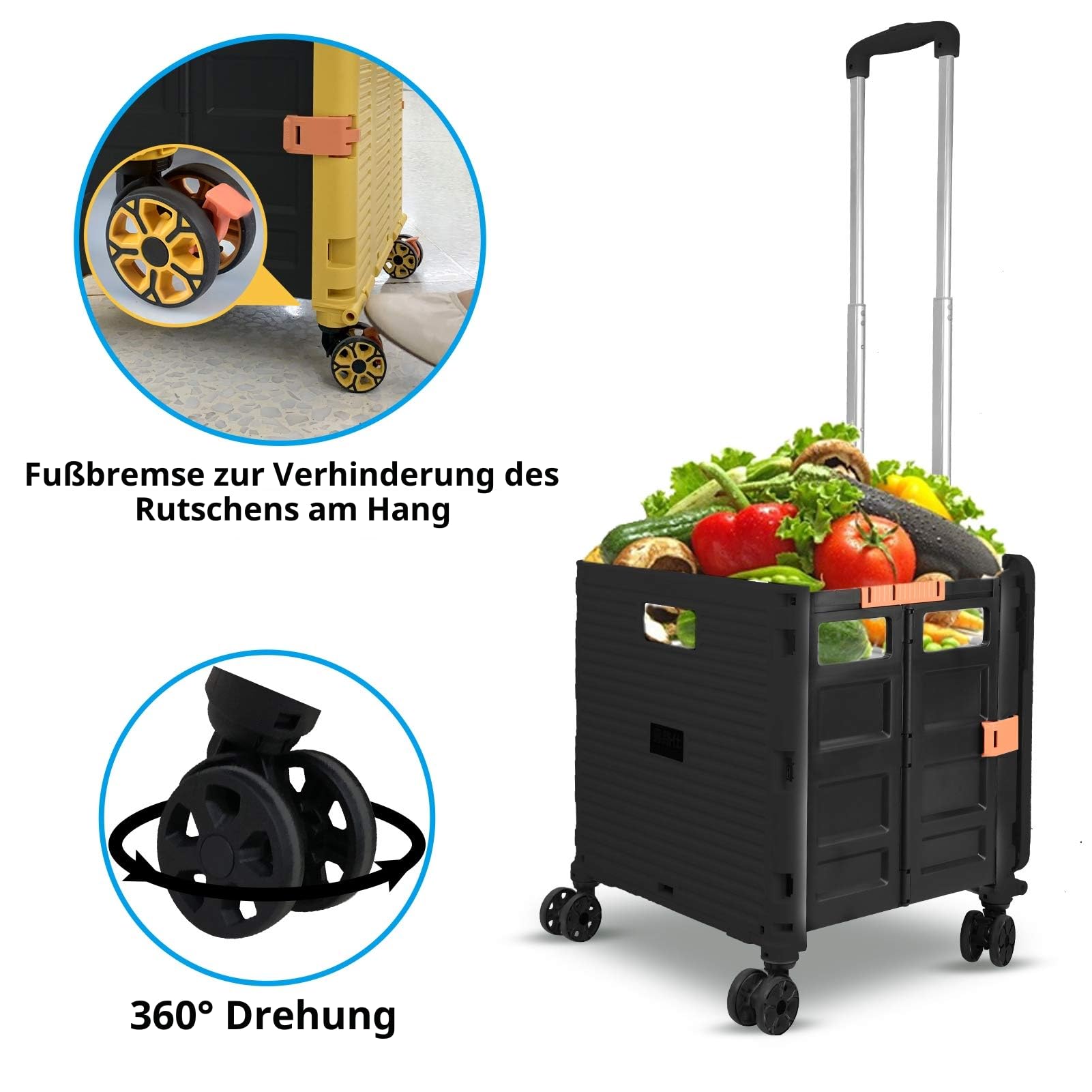 Faltbarer Einkaufswagen, 54L/45kg Hohe Kapazität Multifunktionaler Tragbarer Gebrauchswagen mit Teleskopstange und 4 Zerlegbaren Drehbaren Rädern für Einkaufen, Picknick, Aufbewahrungskiste Schwarz