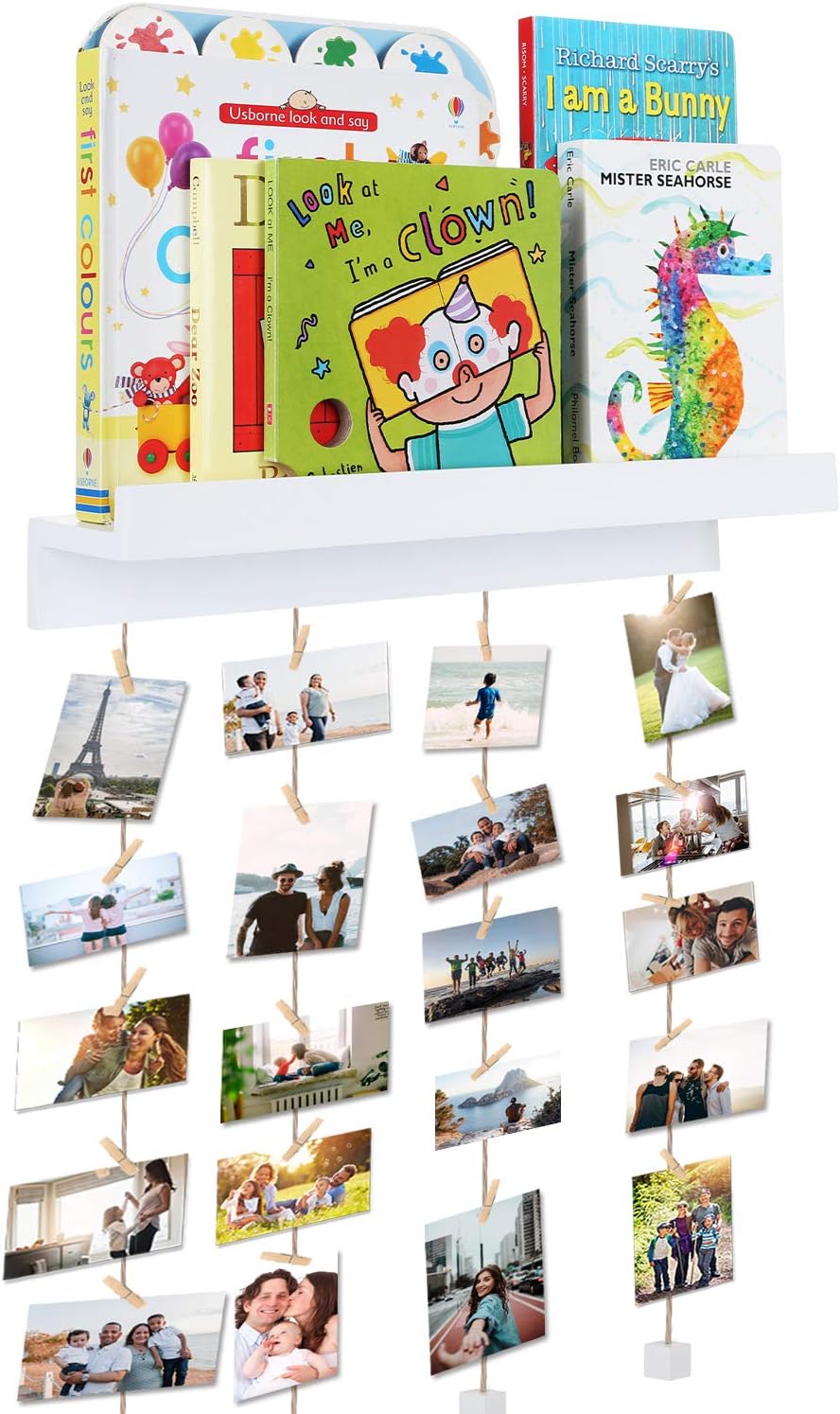 Vencipa White Floating Shelves Storage for Photo Ledge Display, DIY Wood Picture Frames Collage with 24 Clips, Wall Mount Shelf Décor for Living Room, Entryway, Bedroom.