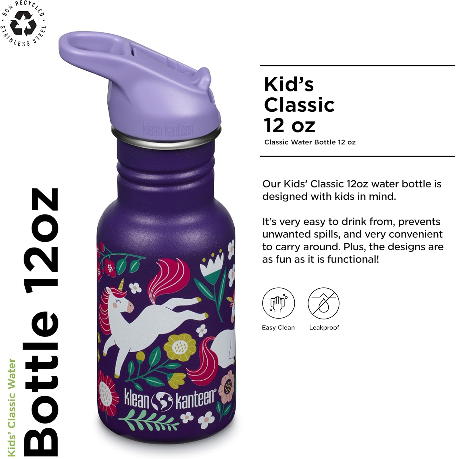 Klean Kanteen 12 oz Classic Kid's Water Bottle with Flip Seal Sport Cap & Straw - 100% Leakproof Cap - Durable Stainless Steel Material - Lightweight & Easy-Grip - BPA-Free - Leaping Unicorns - Image 2