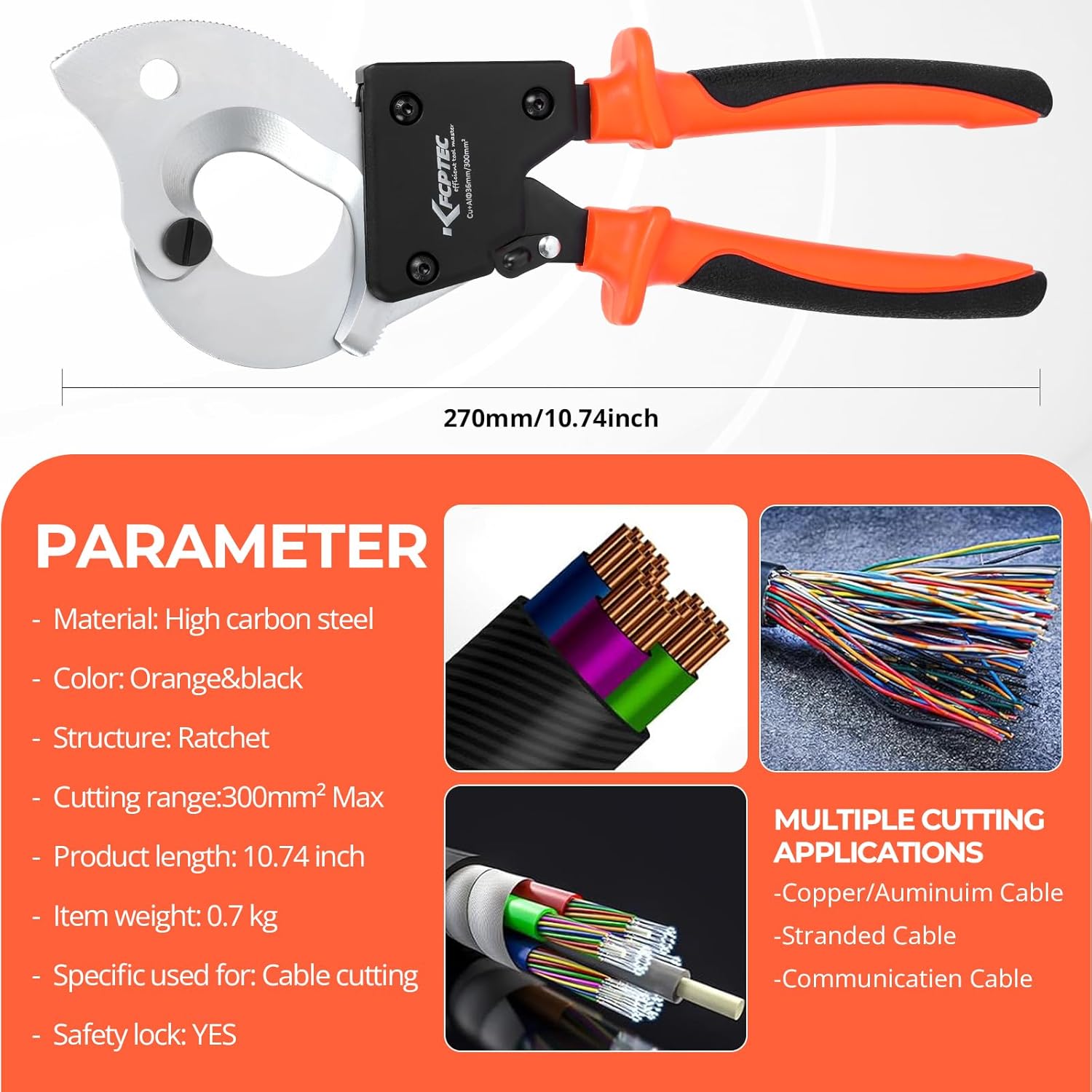 KF CPTEC Cable Cutters - Ratchet Wire Cutter for Aluminum, Copper, and Multi-core Cables up to 300mm²(AWG 600MCM), Heavy Duty Ergonomic Design