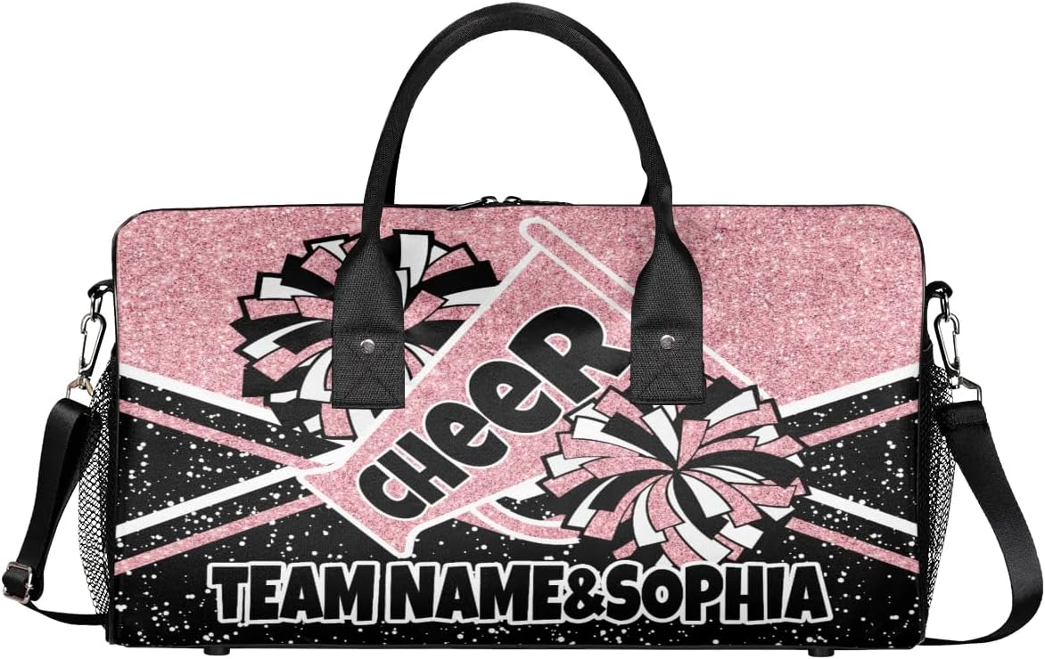 Personalized Cheer Bag Sport Duffel Bag Custom Name Carry On Weekender Bag Gym Bag Sleepover Bag Athletic Bag for Women Men Travel, Glitter Coral Pink