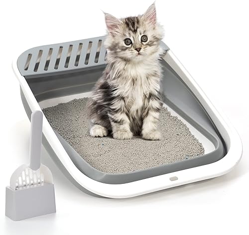 Caja de arena para gatos con parte superior abierta, grande, plegable, para gatos, lados ajustables en altura, antisalpicaduras, sartén para gatos