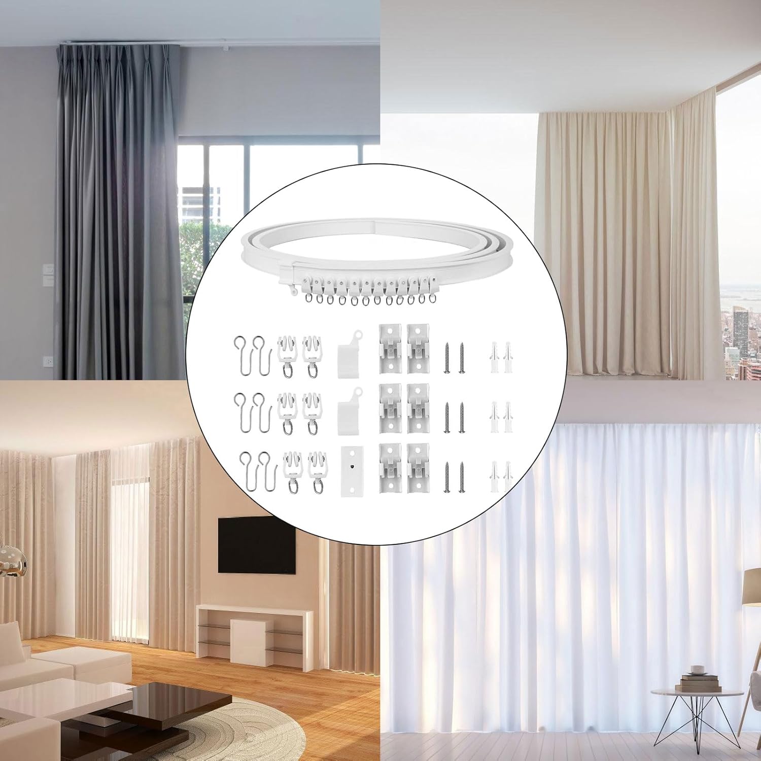 Multipurpose Ceiling Mount Curtain Rails Kits 5 Meter Bendable Track with Rollers and Ceiling Brackets Accessories Set