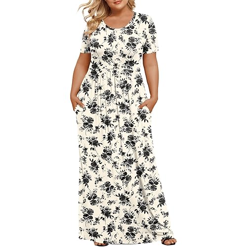 LONGYUAN Women's Plus Size Maxi Dresses for Curvy Women Summer Short Sleeve Casual 2026 Long Dress XL-6XL