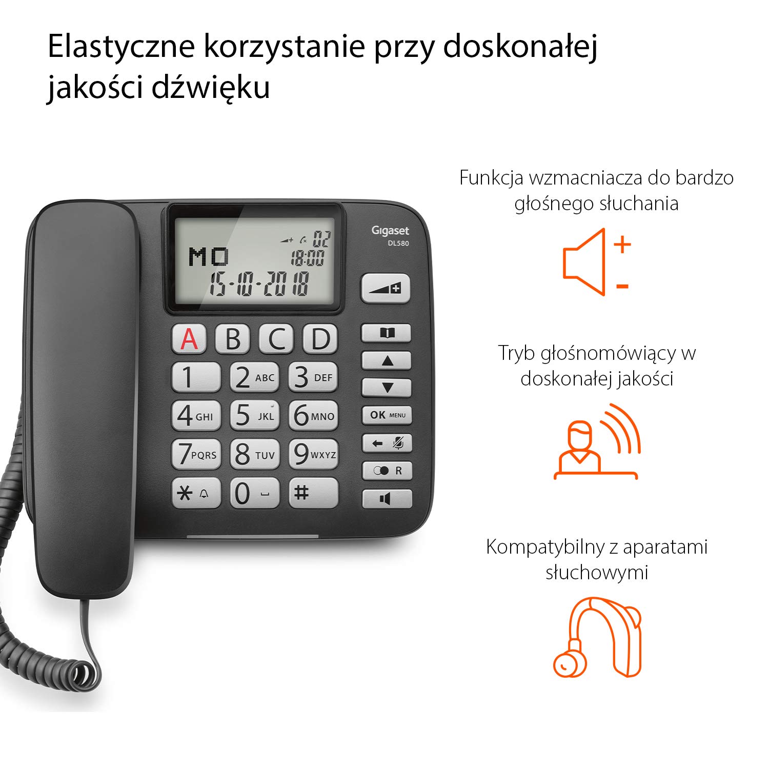 Gigaset Dl580 - Schnurgebundenes Telefon ohne Anrufbeantworter mit beleuchtetem Display - Große Ergonomische Tasten, zusätzlicher Knopf Lautstärkeregler