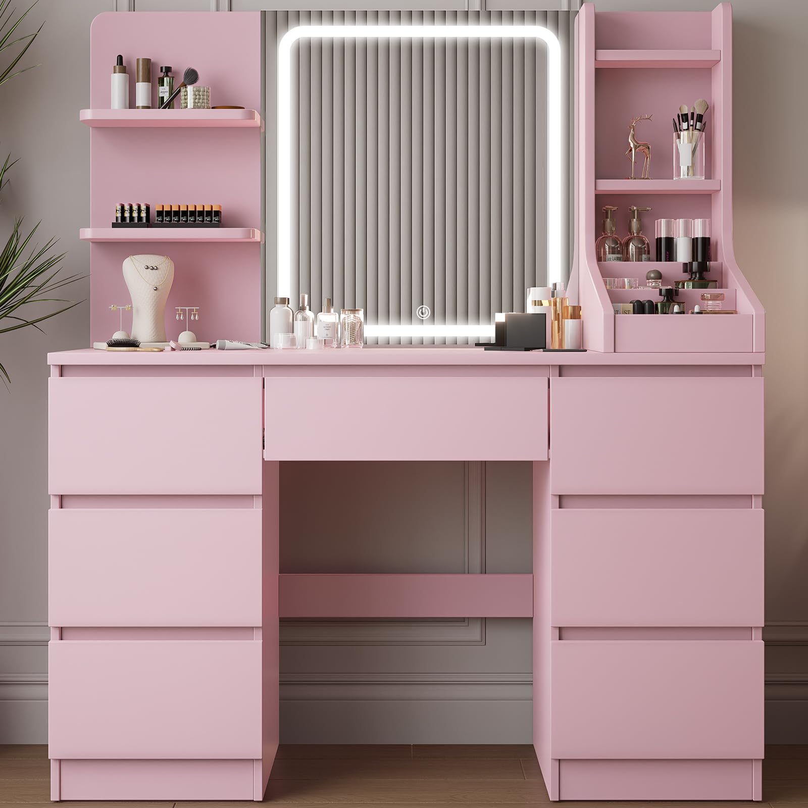 TRIUMPHKEY Dressing Table, Vanity Desk with LED Mirror, Adjustable Brightness, Modern Vanity Table with 7 Drawers, 4 Shelves and 3 Open Compartments for Bedroom, 110x40x139cm (Pink) โ image 1