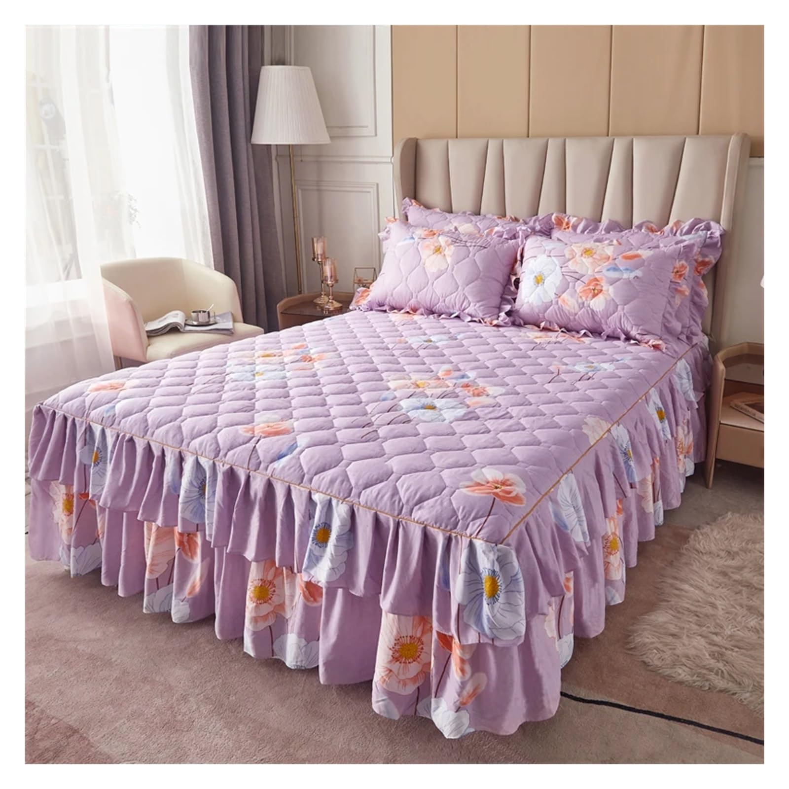 Printed Bed Skirt Quilted Bed Skirt Thick Bedspread Printed Cover Home Mattress Protector No Pillowcase