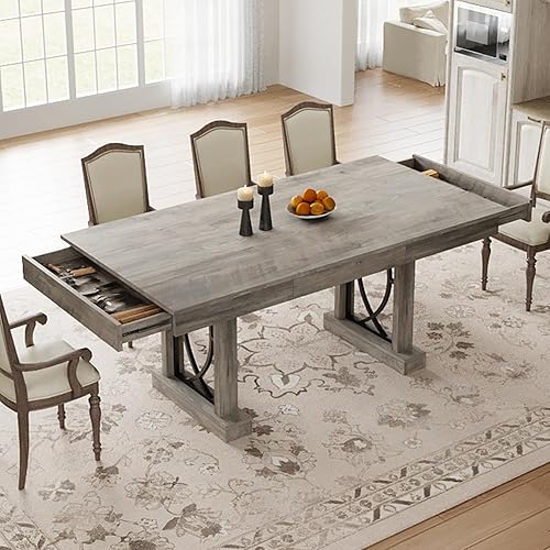 GarveeHome 71-Inch Rectangular Dining Table with Two Drawers, Wooden Kitchen Table w/Large Tabletop & Sturdy Frame, Large Dining Table for 6-8 with Double Pedestal, for Dining Room, Office