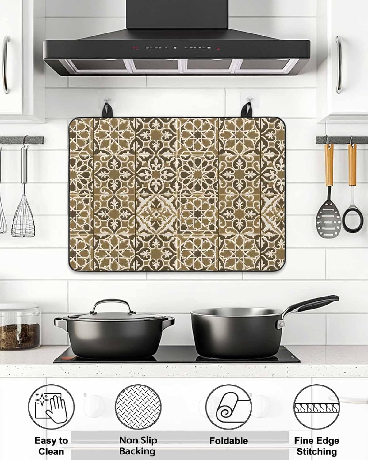Stove Top Cover Brown Floral Block Stove Cover for Electric Stove Top Geometric Morocco Art Glass Cooktop Covers Anti-Slip Mat Heat Resistant Countertop Protector Kitchen Decor 28.5"x20.5"