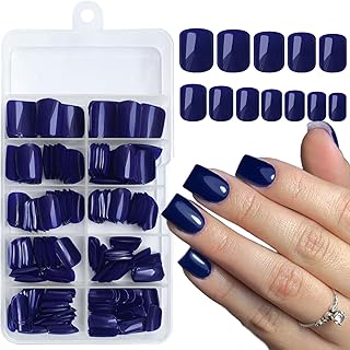 240pcs Short Press on Nails Dark Blue Full Cover Short Square Fake Nails Glossy Acrylic Artificial False Nail Tips with 5 Sheets Adhesive Glue Tabs for Women and Girls Fingernails Design