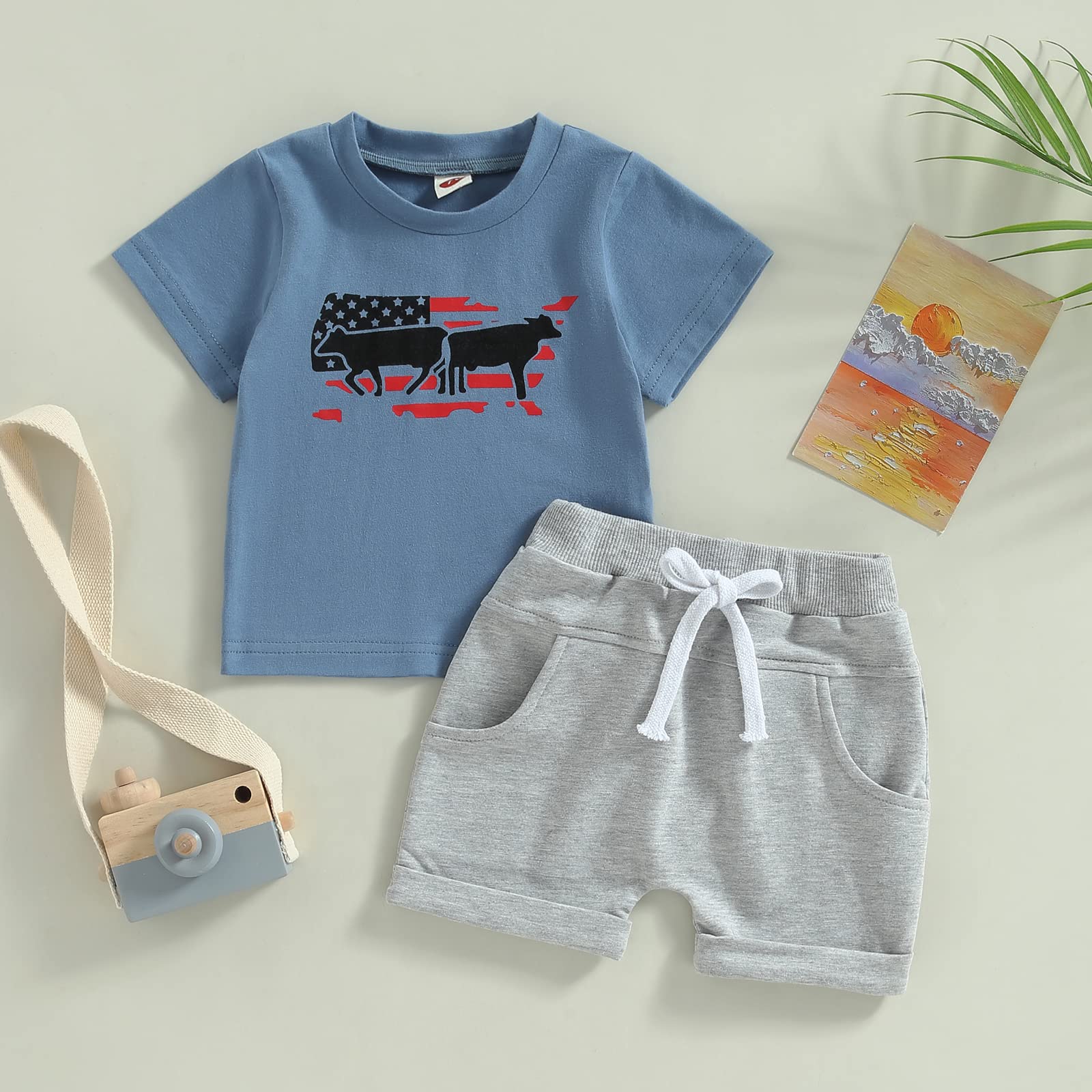 FYBITBO Toddler Baby Boy Clothes Summer Short Sleeve T Shirts Top Shorts Western 4th of July Baby Boy Outfit (z blue cow,0-6 Months)