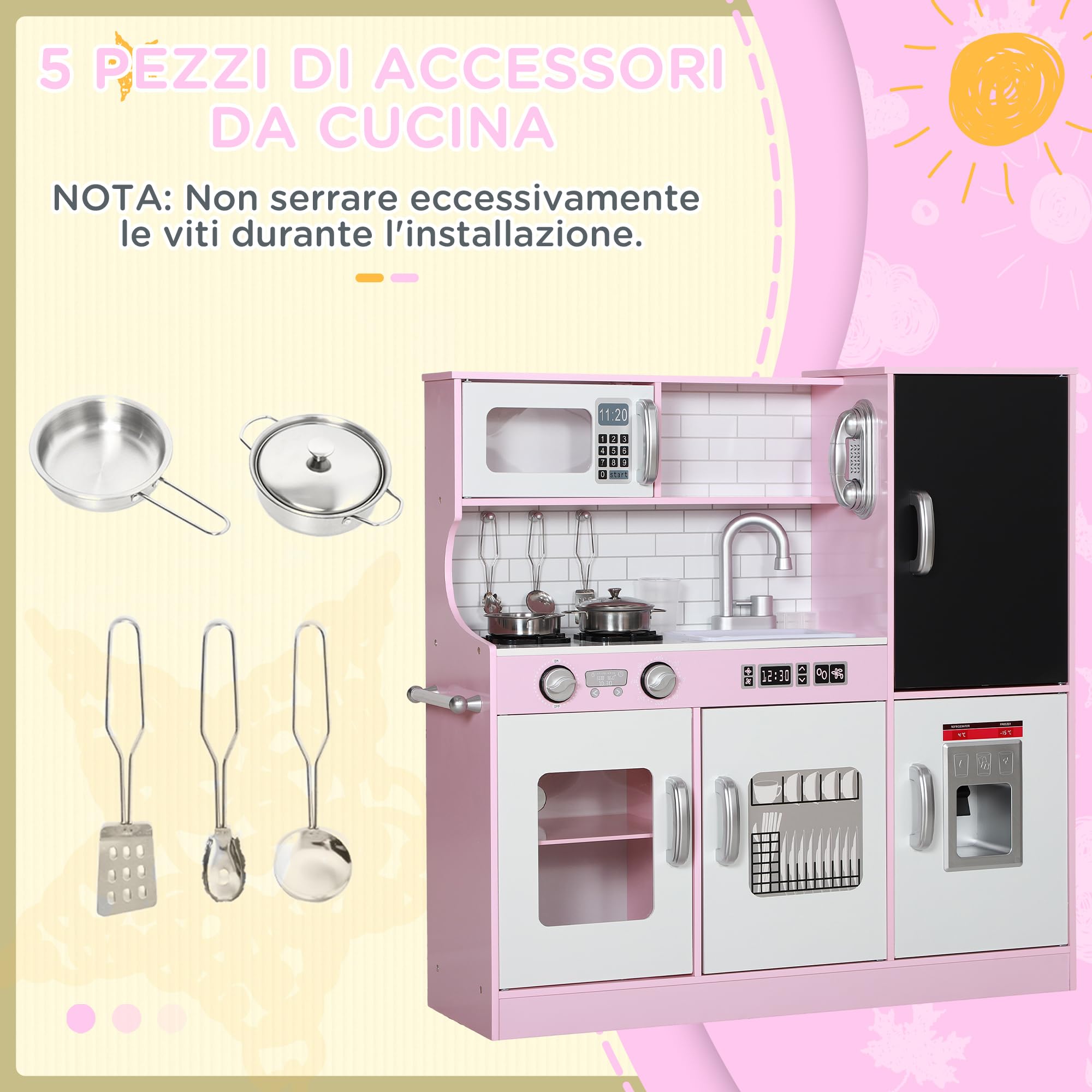 AIYAPLAY Cucina Giocattolo per Bambini, Cucina in Legno per Bambini, Cucinetta Giocattoli con Fornelli, Microonde, Macchina del Ghiaccio, Lavandino, Pentole e Accessori, 3-8 Anni, 84x27x81 cm, Rosa