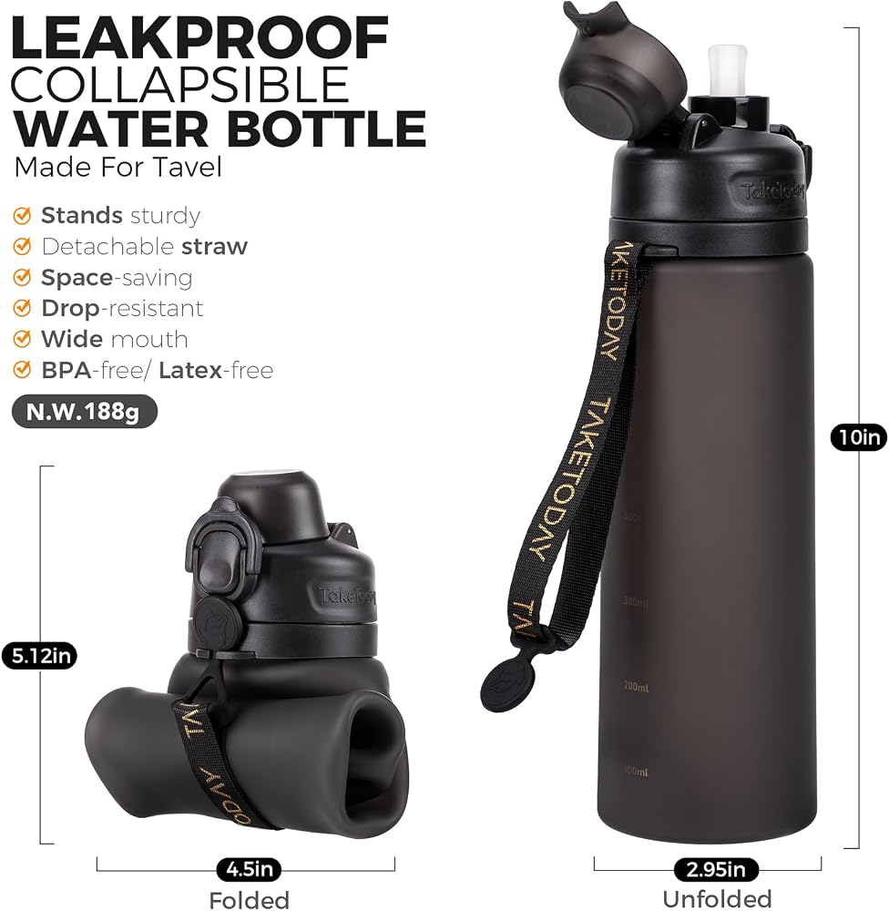 TakeToday Collapsible Water Bottles 20oz, Leak Proof, BPA-Free, Foldable Silicone Travel Water Bottle with Straw Strap for Cycling, Hiking, Outdoors