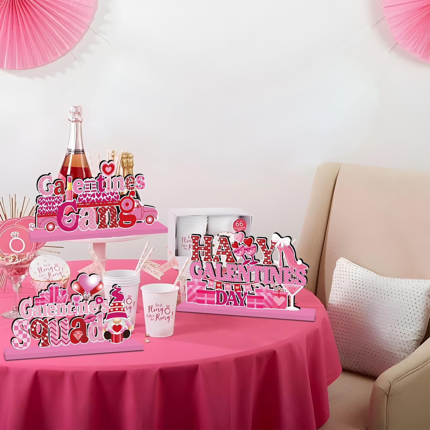 4Pcs Galentines Day Decorations Table Wooden Centerpiece Happy Galentines Day Table Decorations Pink Romantic Party Tiered Tray for Ladies Celebrating Party Table Decor