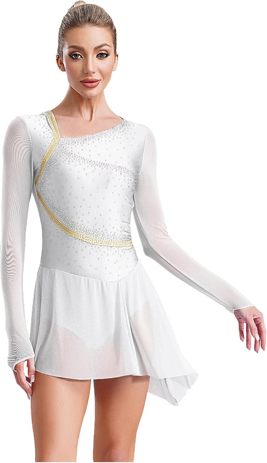 JEATHA Ice Skating Dress for Women Sheer Mesh Asymmetrical Skirt Leotard Lyrical Rhythmic Gymnastics Costume