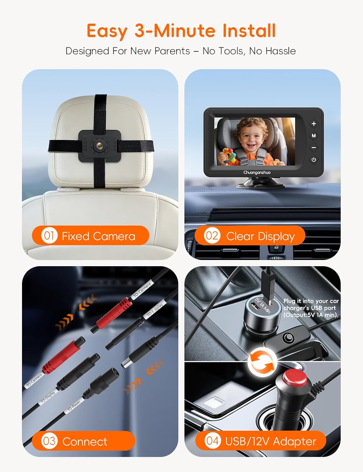 Baby Car Camera USB with No.1 Clarity, 5'' HD 1080P IPS Baby Car Monitor with 3X Zoom, Backseat/Carseat/Rear Seat Camera with Ultra Night Vision, Easy No-Damage Install, S100P(5inch Black)