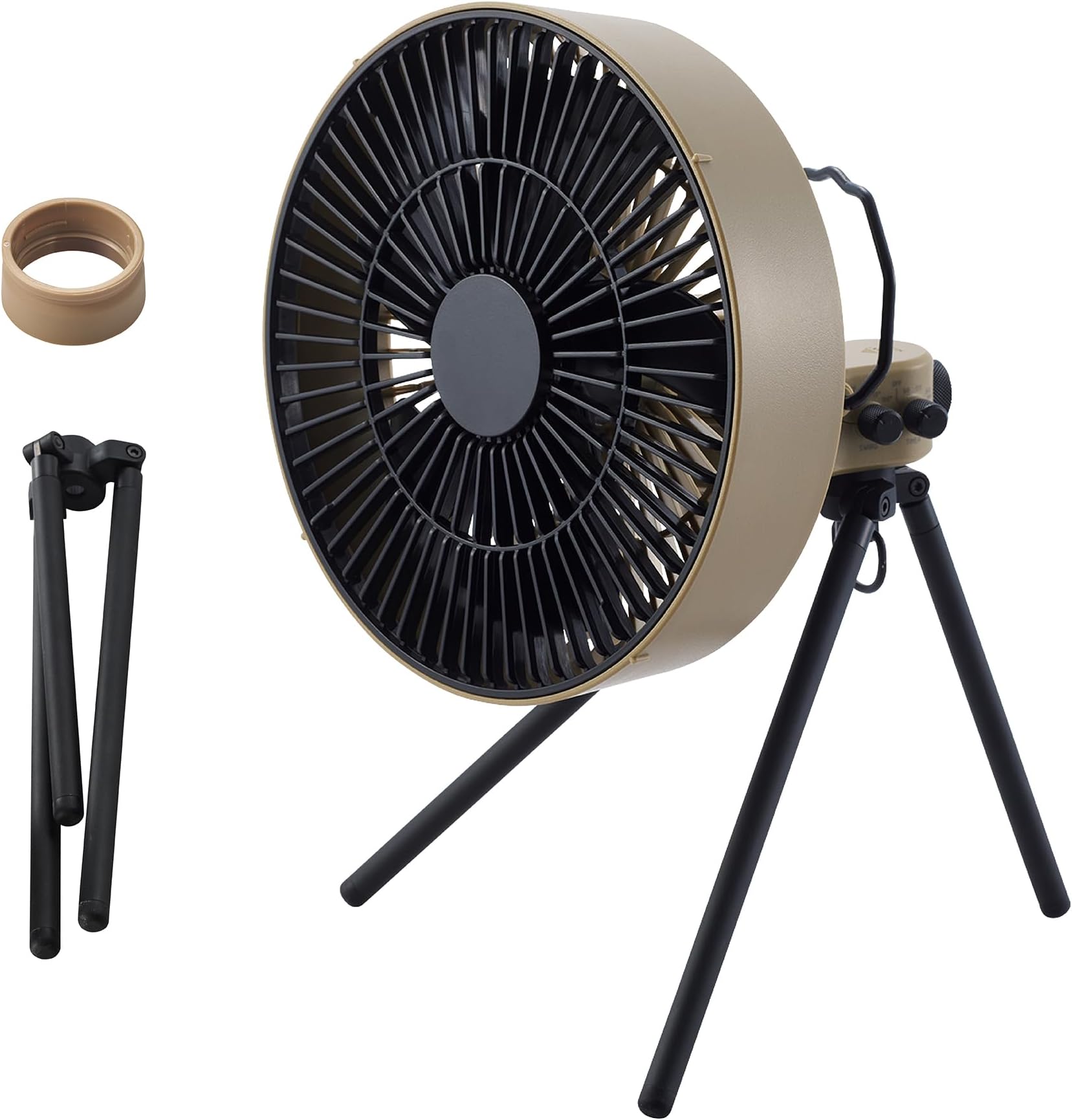 ELECOM NESTOUT Outdoor Camping Fan with Tripod, 4 Speed Settings & Natural Breeze Mode, 3 Angle Oscillation, 90° Adjustable Tilt, Timer (30/60/90 mins), USB-C Compatible, Portable Tent Fan (Beige)