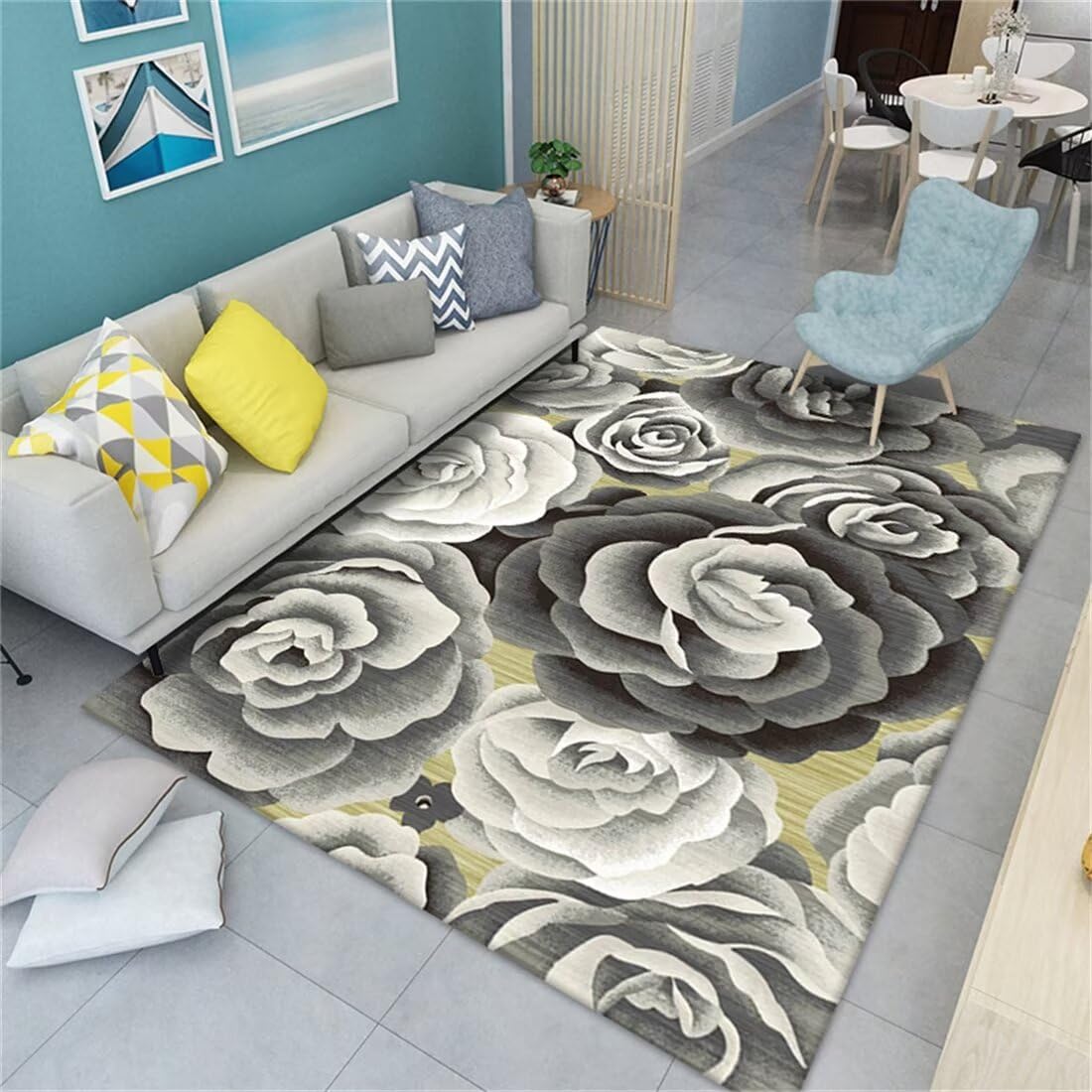 Tapis de salon gris jaune floral pour une ambiance élégante