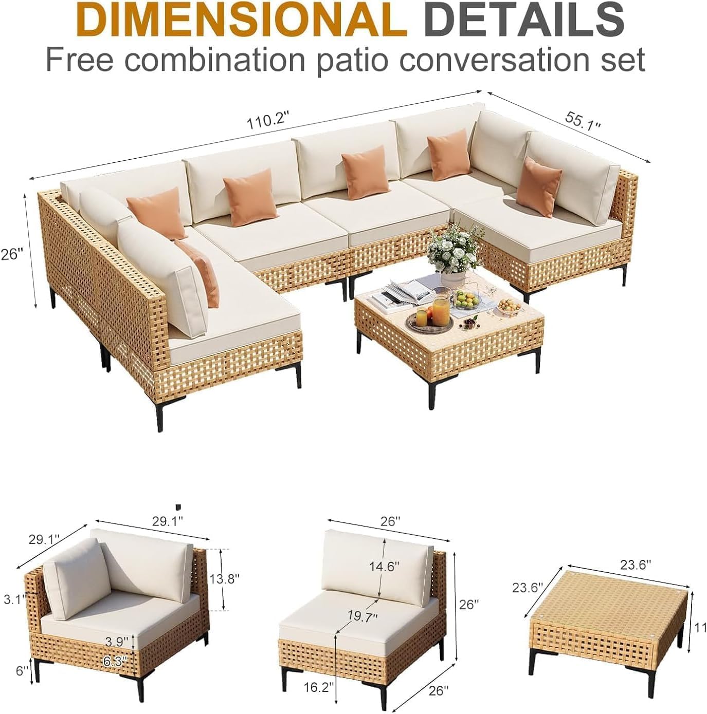 Restland 9 Piece Patio Furniture Wicker Modular Design Outdoor Sectional with Thick Cushion Large Patio Set Modern Boho Outdoor Conversation Set for Backyard, Porch